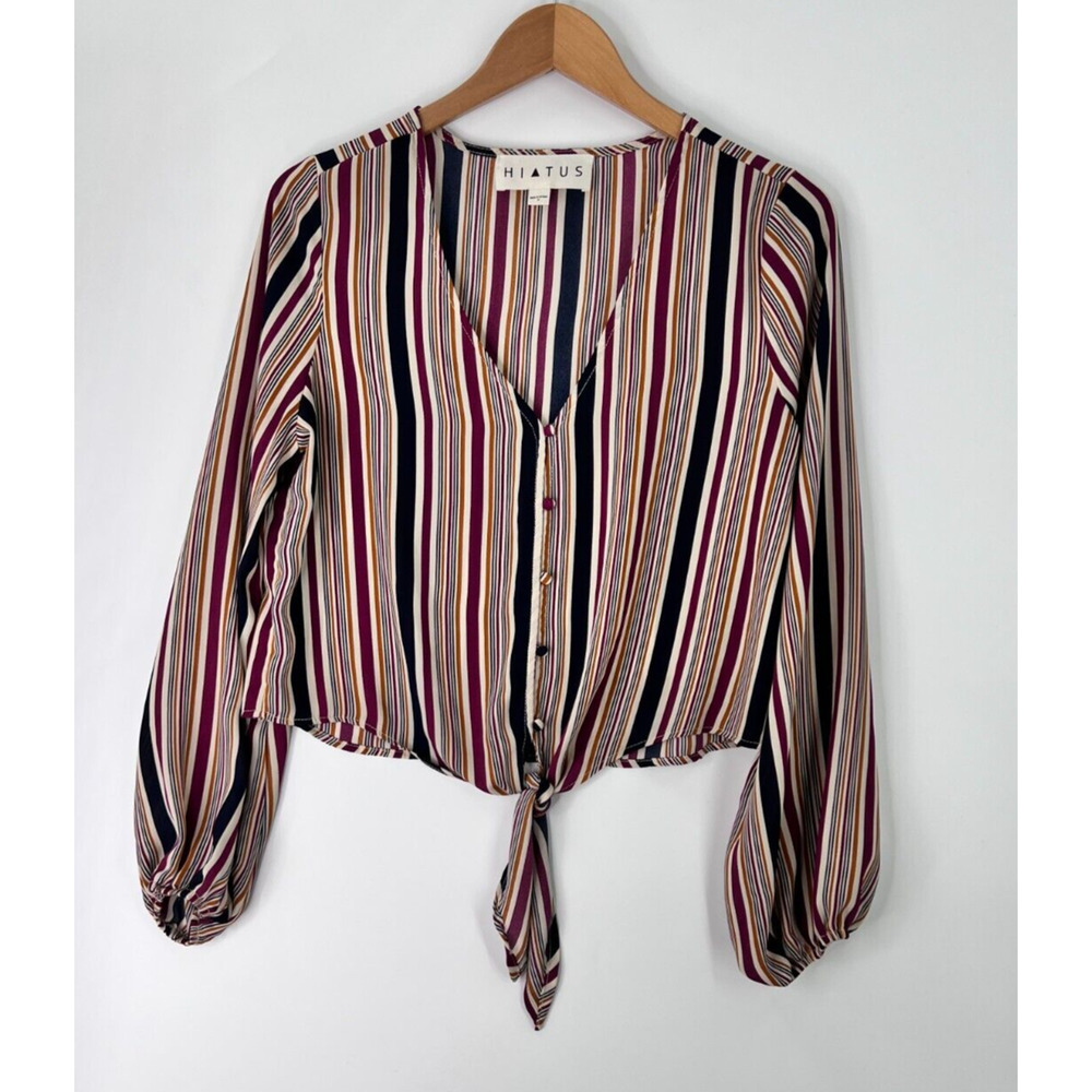 Hiatus Multicolor Button Front Striped Blouse Long Sleeve Tie Hem Womens Medium